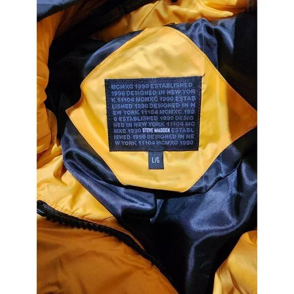 Steve Madden Women's Puffer Jacket Yellow Full Zip Hooded Mock Neck New Sz L - Picture 8 of 9